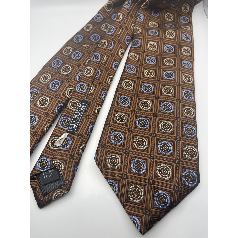 JZ Richards Silk Tie Mens Extra Long Bronze Blue Geometric Medallion Hand Made